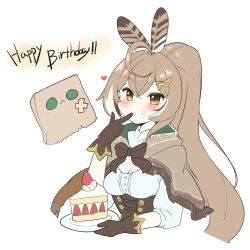 Rule 34 | 1girl, ahoge, brown capelet, brown cloak, brown corset, brown eyes, brown hair, cake, cake slice, cape, capelet, cleavage cutout, cloak, clothing cutout, corset, crossed bangs, english text, feathers, finger in own mouth, food, food on face, friend (nanashi mumei), gloves, hair ornament, hairclip, happy birthday, heart, highres, hololive, hololive english, looking at viewer, multicolored hair, nanashi mumei, nanashi mumei (1st costume), ribbon, runes, shirt, snowmya, streaked hair, virtual youtuber, white shirt