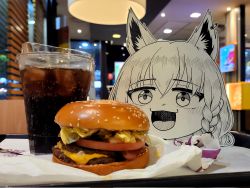 Rule 34 | 1girl, animal ears, braid, burger, cup, diner, food, fox ears, highres, hololive, ice, interior, jqhnharqld, open mouth, paper child, shirakami fubuki, soda, tongue, unconventional media, virtual youtuber