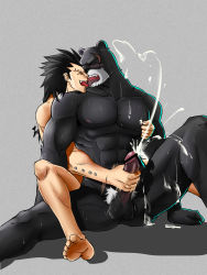 Rule 34 | 2boys, abs, bara, erection, fairy tail, furry, furry male, gajeel redfox, handjob, highres, interspecies, kiss, licking, male focus, multiple boys, muscular, nude, pantherlily, pectorals, penis, piercing, tongue, yaoi