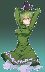 Rule 34 | 1girl, aqua background, arms behind head, arms up, black hat, blush, breasts, commentary request, dress, ghost tail, gradient background, green dress, green eyes, green hair, hair between eyes, hat, highres, kakone, large breasts, looking at viewer, ofuda, open mouth, outline, short hair, soga no tojiko, solo, tate eboshi, touhou, white outline