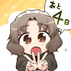 Rule 34 | 1girl, blush, brown eyes, brown hair, commentary request, double v, finger counting, flying sweatdrops, heebee, maid headdress, majo to houki to kurobuchi megane, mikan (majo to houki to kurobuchi megane), open mouth, parted bangs, short hair, solo, speech bubble, sweat, translation request, v