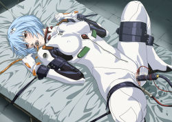 Rule 34 | 1girl, ayanami rei, bed, blue hair, bodysuit, cable, censored, clitoral stimulation, covered erect nipples, fellatio, female orgasm, hair ornament, himemura saki, mosaic censoring, neon genesis evangelion, object insertion, oral, orgasm, plugsuit, rebuild of evangelion, red eyes, restrained, short hair, simulated fellatio, thigh strap, torn bodysuit, torn clothes, tube, vaginal, vaginal object insertion