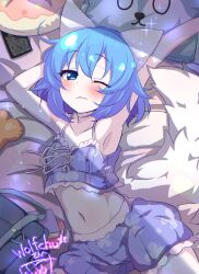 Rule 34 | 1girl, :3, animal ears, blue eyes, blue hair, blue pajamas, cellphone, character name, commentary, english commentary, highres, indie virtual youtuber, lying, midriff, on bed, pajamas, pale skin, phone, pillow, ringed eyes, second-party source, sleepy, stuffed animal, stuffed toy, sw (taco), tail, virtual youtuber, wolf ears, wolf girl, wolf tail, wolfychu