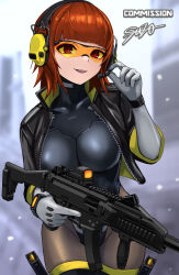 Rule 34 | 1girl, black jacket, black leotard, blurry, blurry background, breasts, brown hair, brown pantyhose, commentary request, commission, depth of field, ear protection, elbow gloves, gloves, grey gloves, groin, gun, hand up, headset, highres, holding, holding gun, holding weapon, jacket, leotard, looking at viewer, medium breasts, open clothes, open jacket, orange-tinted eyewear, original, pantyhose, parted lips, red eyes, signature, smile, solo, sunao (70 the), tinted eyewear, trigger discipline, weapon, weapon request