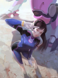 Rule 34 | 1girl, animal print, arm up, artist name, blue bodysuit, bodysuit, boots, breasts, brown eyes, brown hair, closed mouth, contrapposto, d.va (overwatch), day, facepaint, facial mark, foreshortening, full body, gloves, headgear, highres, knee boots, leaning to the side, lips, long hair, mecha, medium breasts, outdoors, overwatch, overwatch 1, pink lips, pu zhou, rabbit print, robot, skin tight, smile, solo, standing, sunlight, swept bangs, v, whisker markings, white footwear, white gloves
