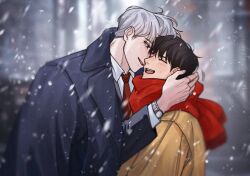 Rule 34 | 2boys, arms around neck, black eyes, black hair, blue coat, blurry, blurry background, blush, city, closed eyes, coat, collared coat, haebo, ilay riegrow, jeong taeui, long sleeves, male focus, multiple boys, necktie, open mouth, passion (manhwa), red necktie, red scarf, scarf, smile, snowing, upper body, watch, white hair, wristwatch, yaoi, yellow coat