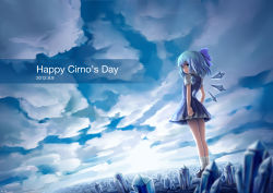 Rule 34 | 1girl, 2012, blue eyes, blue hair, bow, cirno, cloud, dress, from behind, hair bow, ice, ice wings, looking back, matching hair/eyes, short sleeves, sky, solo, touhou, wings, zhandou greymon
