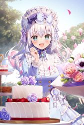 Rule 34 | 1girl, :d, animal ears, black bow, blue bow, blue dress, blue flower, blue rose, blue sky, bouquet, bow, breasts, cake, cake slice, commentary request, day, dress, flower, food, frilled dress, frills, green eyes, hair between eyes, hair bow, hair ornament, hand up, heart, heart hair ornament, medium breasts, momoshiki tsubaki, noripro, official art, open mouth, outdoors, petals, pink flower, pink rose, purple flower, purple rose, rose, shirayuki mishiro, silver hair, sky, smile, solo, tiered tray, virtual youtuber, white legwear