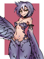 Rule 34 | 1girl, arm belt, breasts, closed mouth, feathered wings, grey feathers, grey hair, harpy, looking at viewer, monster girl, multicolored hair, navel, nude, original, red background, short hair, simple background, slit pupils, small breasts, smile, solo, standing, streaked hair, winged arms, wings, yellow eyes, zakusi