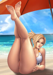 Rule 34 | 1girl, absurdres, ass, bare legs, barefoot, blonde hair, blue eyes, bottomless, breasts, feet, feet up, female focus, flowerxl, hair ornament, highres, huge ass, large breasts, legs up, long hair, mercy, no underwear (female), one-piece swimsuit, overwatch, pussy, soles, solo, solo focus, swimsuit, thick thighs, thighs, toes, wide hips