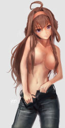 Rule 34 | 1girl, ahoge, alternate costume, breasts, brown hair, collarbone, denim, double bun, grey background, hair between eyes, hair bun, hair censor, hair over breasts, hairband, haruto (harut n), head tilt, highres, jeans, kantai collection, kongou (kancolle), large breasts, long hair, looking at viewer, navel, pants, sidelocks, signature, simple background, smile, solo, stomach, suggestive fluid, topless, twitter username, unbuttoned pants