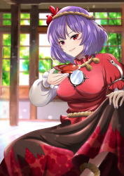 Rule 34 | 1girl, black skirt, blurry, blurry background, breasts, commentary request, cup, day, fingernails, floral print, hair ornament, highres, holding, holding cup, indoors, large breasts, leaf hair ornament, light particles, long sleeves, looking at viewer, mature female, medium hair, mirror, murasaki tsutsuji, nail polish, parted lips, purple hair, purple nails, red eyes, red shirt, red skirt, rope, sakazuki, shimenawa, shirt, sitting, skirt, smile, solo, touhou, tree, white sleeves, window, yasaka kanako