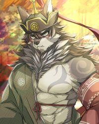 Rule 34 | 08tamagoyaki, 1boy, abs, animal ears, animal nose, bara, blush, brown hair, chest tuft, detached sleeves, facial hair, furry, furry male, goatee, hair between eyes, japanese clothes, kimono, long hair, male focus, mature male, muscular, muscular male, obliques, open clothes, snout, solo, stomach, temujin (housamo), tokyo houkago summoners, tusks, twitter username, upper body, wolf boy, wolf ears, yellow eyes