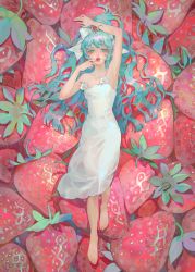Rule 34 | 1girl, aqua eyes, aqua hair, arm up, armpits, bare arms, barefoot, bow, chinese commentary, collarbone, commentary, dress, finger to mouth, flower, food, food-themed hair ornament, fruit, full body, hair bow, hair ornament, highres, knee up, leaf, lips, long hair, looking at viewer, lying, on back, original, parted lips, pink lips, ponytail, shiny clothes, sisi maya, sleeveless, sleeveless dress, solo, spaghetti strap, strap slip, strawberry, strawberry hair ornament, wavy hair, white bow, white dress, white flower