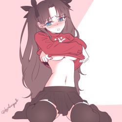 Rule 34 | 1girl, black thighhighs, blue eyes, breasts, brown hair, byulrorqual, clothes lift, embarrassed, fate/stay night, fate (series), head tilt, long hair, pink background, shirt lift, simple background, sitting, solo, thighhighs, tohsaka rin, two side up, underboob, very long hair, wariza, white background, zettai ryouiki