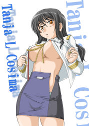 Rule 34 | 00s, 1girl, black hair, blue panties, breasts, brown eyes, character name, cowboy shot, glasses, highres, kojima tanya, large breasts, long hair, looking at viewer, miniskirt, no bra, open clothes, open skirt, panties, parted lips, pencil skirt, shirt, skirt, solo, tactical roar, tanya (tactical roar), unbuttoned, underwear, undressing, wan&#039;yan aguda, white background, white shirt