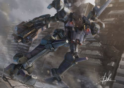 Rule 34 | armored core, armored core 3, gun, headless, holding, holding gun, holding weapon, hukutuuprunes, leaning forward, mecha, mecha focus, missile pod, missing limb, realistic, robot, science fiction, signature, smoke, solo, weapon