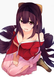 Rule 34 | 10s, 1girl, bare shoulders, blush, boots, bow, breasts, brown footwear, cleavage, cross-laced footwear, hair bow, hakama, hakama skirt, hand on own thigh, hand on thigh, highres, inushi, japanese clothes, kamikaze (kancolle), kantai collection, kimono, lace-up boots, long hair, looking at viewer, looking up, meiji schoolgirl uniform, open mouth, pink hakama, purple eyes, purple hair, seiza, sitting, skirt, solo, tears, torn clothes, torn kimono, torn skirt, very long hair, wavy mouth, yellow bow