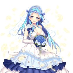 Rule 34 | 1girl, blue eyes, blue hair, bouquet, breasts, bridal veil, cleavage, dress, earrings, elbow gloves, feathers, flower, giuniu, gloves, hair over shoulder, holding, jewelry, large breasts, looking at viewer, matching hair/eyes, official art, open mouth, original, solo, transparent background, uchi no hime-sama ga ichiban kawaii, veil, vivienne (uchi no hime-sama ga ichiban kawaii), white gloves, wreath