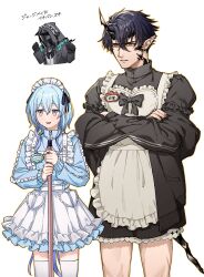 Rule 34 | 1other, 2boys, alternate costume, annoyed, apron, arknights, black bow, black bowtie, black dress, black gloves, black jacket, blue hair, blue shirt, bow, bowtie, broom, commentary request, cropped torso, crossdressing, crossed arms, doctor (arknights), dress, enmaided, flamebringer (arknights), gloves, gradient hair, highres, holding, holding broom, hood, hooded jacket, horns, jacket, jersey maid, light blue hair, light frown, light smile, maid, maid headdress, mask, material growth, mizuki (arknights), multicolored hair, multiple boys, name tag, open mouth, oripathy lesion (arknights), parted lips, pink eyes, pointy ears, pulls200, shirt, simple background, tail, unconventional maid, white apron, white background, white shirt