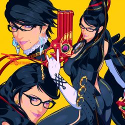 Rule 34 | 1girl, 3girls, alternate costume, alternate hairstyle, bayonetta, bayonetta (series), bayonetta 3, bodysuit, breasts, earrings, glasses, gun, holding, holding gun, holding weapon, jewelry, large breasts, lipstick, long hair, looking at viewer, makeup, mature female, mole, mole under mouth, multiple girls, multiple persona, short hair, signature, simple background, smile, standing, the art mage, twitter username, weapon, yellow background