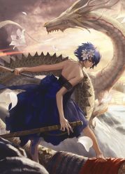 Rule 34 | 10s, 1girl, alternate costume, alternate hair color, back, backless dress, backless outfit, bare arms, bare back, bare shoulders, barefoot, blue hair, blurry, day, depth of field, dragon, dress, flower, hair flower, hair ornament, highres, holding, holding sword, holding weapon, kantai collection, katana, light trail, lily (flower), peko (akibakeisena), petals, scabbard, sheath, short hair, solo, standing, sword, tenryuu (kancolle), weapon