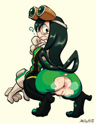 Rule 34 | 10s, 1girl, ?, anus, artist name, ass, asui tsuyu, black eyes, black footwear, bodysuit, boku no hero academia, boots, bow-shaped hair, breasts, brown-framed eyewear, cleft of venus, closed mouth, eyewear on head, fat mons, female focus, from behind, full body, gloves, goggles, goggles on head, green-tinted eyewear, green bodysuit, green hair, hand up, high heels, jaggy lines, lilmoonie, long hair, long sleeves, looking back, looking down, no panties, pussy, sidelocks, signature, simple background, solo, squatting, steam, steaming body, sweat, thigh boots, tinted eyewear, tongue, tongue out, torn bodysuit, torn clothes, uncensored, wardrobe malfunction, white gloves, yellow background