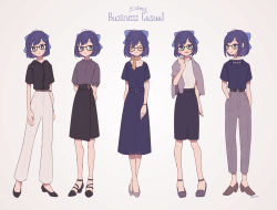 Rule 34 | 1girl, a-chan (hololive), alternate costume, arm behind back, belt, black-framed eyewear, black belt, black footwear, black shirt, black skirt, blue dress, blue eyes, blue hair, blue ribbon, blue shirt, blush, breasts, brown belt, brown footwear, character name, closed eyes, closed mouth, collared shirt, dress, english text, expressionless, full body, glasses, grey background, grey footwear, grey jacket, grey pants, hair ornament, hair ribbon, hairclip, hand in pocket, high heels, highres, hololive, jacket, jacket on shoulders, jewelry, kingyo (g-fish), looking at viewer, multiple views, necklace, open mouth, pants, pearl necklace, plaid, plaid pants, ribbon, scarf, shirt, shirt tucked in, shoes, short hair, short sleeves, simple background, skirt, small breasts, smile, standing, twitter username, virtual youtuber, white pants, white shirt, wristband, yellow scarf