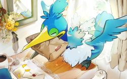Rule 34 | bird, coffee, commentary request, cramorant, creatures (company), cup, curtains, envelope, feathers, flower, game freak, gen 8 pokemon, indoors, mirror, mouth hold, mug, nao (naaa 195), nintendo, no humans, package, pokemon, pokemon (creature), quill, solo, yellow flower