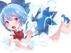 Rule 34 | 1girl, :o, blue bow, blue dress, blue eyes, blue hair, blush, bow, cirno, cryokinesis, dress, electricity, electrokinesis, foot out of frame, hair bow, highres, hurukab050, ice, ice wings, looking ahead, open mouth, puffy short sleeves, puffy sleeves, red bow, shirt, shoes, short hair, short sleeves, simple background, solo, touhou, white background, wings