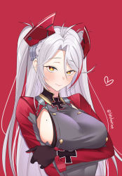 Rule 34 | 1girl, antenna hair, azur lane, blush, breast hold, breasts, brown gloves, buttons, closed mouth, commentary, cross, double-breasted, gloves, grabbing own arm, hair between eyes, heart, highres, iron cross, large breasts, long hair, long sleeves, looking at viewer, mole, mole on breast, multicolored hair, parted bangs, prinz eugen (azur lane), red background, red hair, sideboob, simple background, smile, solo, streaked hair, symbol-only commentary, twitter username, two side up, upper body, very long hair, watermark, white hair, xiaoxiao de kuangsan, yellow eyes