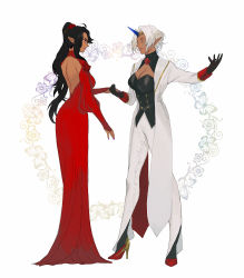 Rule 34 | 2girls, backless dress, backless outfit, black gloves, breasts, cleavage, dark skin, dark-skinned female, dress, earrings, closed eyes, flower, gloves, holding hands, hand up, high heels, highres, hiyokomame dx, horns, isabella (pixiv fantasia last saga), jewelry, long sleeves, looking at another, medium breasts, multiple girls, pixiv fantasia, pixiv fantasia last saga, pointy ears, red dress, single horn, smile, standing, stud earrings, white background, white hair