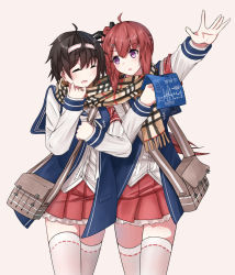 Rule 34 | 2girls, ahoge, arm up, armband, bag, blue vest, blueprint (object), bow, breasts, brown hair, buttons, closed eyes, cowboy shot, enuni, frilled skirt, frills, hair ornament, hairclip, headband, highres, hiyou (warship girls r), jun&#039;you (warship girls r), legs together, long sleeves, looking at another, multiple girls, open mouth, pink background, pleated skirt, purple eyes, red hair, red skirt, scarf, shared clothes, shared scarf, shirt, short hair, side ponytail, simple background, skirt, standing, thighhighs, vest, warship girls r, white bow, white legwear, white shirt, x hair ornament, zettai ryouiki