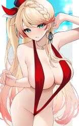 Rule 34 | 1girl, azur lane, blonde hair, blue eyes, braid, breasts, commission, hair ribbon, highres, howe (azur lane), jewelry, large breasts, long hair, looking at viewer, necklace, red slingshot swimsuit, ribbon, simple background, skeb commission, slingshot swimsuit, solo, swimsuit, yamaha tsui