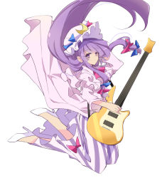 Rule 34 | 1girl, arm up, blue bow, blue ribbon, blunt bangs, blush, bow, braid, breasts, closed mouth, commentary request, crescent, crescent hat ornament, dot mouth, dress, electric guitar, floating, floating hair, guitar, hair ribbon, hat, hat ornament, hat ribbon, high heels, highres, ichimura kanata, instrument, long hair, medium breasts, mob cap, patchouli knowledge, purple eyes, purple hair, red bow, red neckwear, red ribbon, ribbon, simple background, socks, solo, strap, striped clothes, striped dress, sweatdrop, thighs, touhou, tress ribbon, vertical-striped clothes, vertical-striped dress, very long hair, white background, white footwear