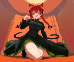Rule 34 | 1girl, absurdres, animal ears, black dress, braid, breasts, cat ears, cat girl, cat tail, clenched hand, commentary request, dress, extra ears, fang, frilled dress, frills, full body, highres, juliet sleeves, kaenbyou rin, kneeling, large breasts, long hair, long sleeves, looking at viewer, moriforest1040, multiple tails, open mouth, puffy sleeves, red eyes, side braids, skin fang, solo, tail, touhou, twin braids, two tails