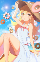 Rule 34 | 1girl, arm up, ass, bakemonogatari, bare arms, bare shoulders, beach, beach chair, blonde hair, blue background, blue sky, blurry, blurry background, blush, bow, brown hat, chocolate doughnut, cloud, cloudy sky, commentary, day, doughnut, dress, fang, feet out of frame, food, french cruller, hand on headwear, hat, highres, kawaiipony2, legs, long hair, looking at viewer, monogatari (series), multicolored background, ocean, open hands, open mouth, oshino shinobu, outdoors, pink bow, pon de ring, sand, shadow, sky, solo, straw hat, sun, thighs, water, white background, white bow, white dress, yellow background, yellow eyes