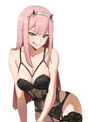 Rule 34 | 10s, 1girl, aqua eyes, black bra, black lingerie, black panties, bra, breasts, cleavage, collarbone, darling in the franxx, eyeshadow, female focus, garter straps, hair between eyes, hair ornament, hairband, highres, horns, lace, lace panties, large breasts, licking lips, lingerie, looking at viewer, makeup, panties, pink hair, simple background, smile, smirk, solo, straight hair, thighhighs, tongue, tongue out, underwear, white background, zero two (darling in the franxx)