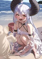 Rule 34 | 1girl, ahoge, alternate costume, arimoto wataru, arm strap, beach, bikini, blurry, blurry background, blush, braid, braided bangs, breasts, choker, commentary request, day, demon horns, eyelashes, feet, frilled bikini, frills, full body, hair between eyes, highres, hololive, horns, jacket, knees together feet apart, la+ darknesss, light purple hair, long hair, looking at viewer, multicolored hair, o-ring, o-ring choker, off shoulder, open mouth, outdoors, pointy ears, sand, see-through, see-through jacket, sidelocks, small breasts, solo, squatting, streaked hair, striped horns, swimsuit, toes, virtual youtuber, yellow eyes