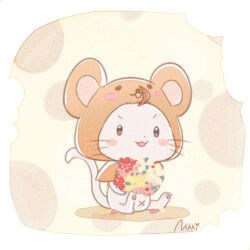 Rule 34 | animal, animal ears, animal focus, animal hood, artist request, blush stickers, border, bouquet, brown eyes, cat, chinese commentary, chinese zodiac, clothed animal, commentary request, copyright name, detached hood, dot nose, flower, food-themed background, holding, holding bouquet, hood, hood up, looking at viewer, momo (nikki), mouse ears, mouse hood, nikki (series), no humans, official art, open mouth, petals, pink flower, red flower, second-party source, shining nikki, sitting, smile, solo, v-shaped eyebrows, whiskers, white border, white cat, white flower, year of the rat, yellow background, yellow flower, yellow hood