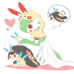 Rule 34 | 2girls, animal ears, animal hood, black hair, black skin, blunt bangs, bob cut, capelet, character print, clothed pokemon, colored skin, cosplay, creatures (company), enden (pixiv 57969220), extra mouth, fake animal ears, female focus, flat chest, flat color, game freak, gardevoir, gen 3 pokemon, green hair, green skin, hair over one eye, hairband, hands up, happy, heart, highres, holding hairband, hood, hood up, hooded capelet, kneeling, leaning forward, long hair, looking back, mawile, minun, minun (cosplay), multicolored skin, multiple girls, nintendo, notice lines, one eye covered, open mouth, plusle, plusle (cosplay), pokemon, pokemon (creature), red eyes, sharp teeth, short hair, shorts, sidelocks, simple background, sketch, smile, speech bubble, spoken character, standing, sweat, teeth, thought bubble, two-tone skin, very long hair, white background, white skin, yellow capelet, yellow hairband, yellow shorts, yellow skin