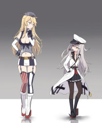 Rule 34 | 10s, 2girls, bad id, bad pixiv id, black legwear, black skirt, blonde hair, blouse, blue eyes, breasts, cnm, elbow gloves, front-tie top, gangut (kancolle), garter straps, gloves, grey hair, hair between eyes, hat, height difference, iowa (kancolle), jacket, kantai collection, large breasts, long hair, long sleeves, miniskirt, multiple girls, pantyhose, peaked cap, pipe in mouth, pleated skirt, red eyes, red shirt, reflection, shirt, skirt, smoking pipe, thighhighs, white jacket