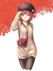 Rule 34 | 10s, 1girl, bad id, bad twitter id, bag, between breasts, black pantyhose, breasts, casual, commentary request, contemporary, cowboy shot, handbag, highres, kantai collection, koretsuki aduma, pantyhose, red eyes, red hair, ribbed sweater, short hair, smiley face, solo, strap between breasts, sweater, white background, z3 max schultz (kancolle)