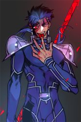 Rule 34 | 1boy, armor, blue hair, bodysuit, cowboy shot, cu chulainn (fate), cu chulainn (fate/stay night), earrings, extra eyes, fate/stay night, fate (series), gae bolg (fate), grin, highres, jewelry, licking, licking finger, long hair, looking at viewer, male focus, muscular, pauldrons, ponytail, red eyes, rui (o-rui), shoulder armor, simple background, skin tight, smile, solo, spiked hair, type-moon