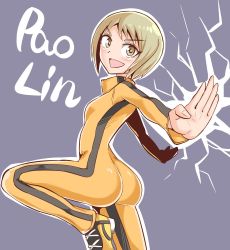 Rule 34 | 1girl, ass, blush, bodysuit, breasts, brown eyes, bruce lee&#039;s jumpsuit, cougar (cougar1404), from behind, huang baoling, looking at viewer, open mouth, shiny clothes, shoes, short hair, sideboob, small breasts, smile, sneakers, solo, tiger &amp; bunny