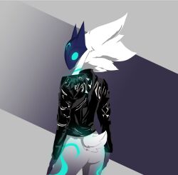 Rule 34 | 1girl, animal ears, ass, black jacket, black mask, body markings, from behind, glowing markings, gradient background, green eyes, grey background, highres, horned mask, jacket, kindred (league of legends), lamb (league of legends), league of legends, looking at viewer, looking back, mask, multicolored background, sheep ears, sheep girl, sheep tail, shiny clothes, solo, tail, zenlambnet