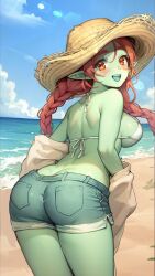 Rule 34 | 1girl, :d, absurdres, ass, bent over, blue tongue, blush, braid, breasts, butt crack, charlotte (isekai: slow life), colored skin, colored tongue, denim, denim shorts, female goblin, goblin, green skin, hand up, hat, highres, isekai: slow life, legs, long hair, looking at viewer, medium breasts, monster girl, non-web source, one eye closed, open mouth, pointy ears, red eyes, red hair, shirt, shorts, sideboob, smile, straw hat, thigh gap, thighs, twin braids, twintails