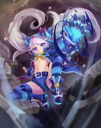 Rule 34 | 1girl, bell (angelicalary), belt, blue eyes, blue footwear, blue shorts, blue thighhighs, breasts, chiliarch (elsword), claws, crown, elsword, full body, hood, jacket, long hair, looking at viewer, luciela r. sourcream, midriff, mini crown, navel, no bra, shoes, short shorts, shorts, small breasts, smile, solo, striped clothes, striped thighhighs, symbol-shaped pupils, thighhighs, twintails, underboob, white hair