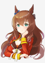 Rule 34 | 1girl, animal ears, aqua eyes, black bow, bow, brown hair, closed mouth, commentary request, cropped torso, dress, ear bow, grey background, hair bow, head rest, highres, horse ears, horse girl, long hair, long sleeves, looking at viewer, maruzensky (umamusume), red dress, shiromaru illust, simple background, smile, solo, umamusume, upper body, white bow, white neckwear