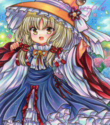 Rule 34 | 1girl, :d, bell, blonde hair, blue dress, blush, bow, cowboy shot, day, dot nose, dress, dress bow, embellished costume, flower, frilled dress, frilled hat, frills, hair ribbon, hands up, hat, hat ornament, hat ribbon, jingle bell, layered sleeves, long hair, long sleeves, looking at viewer, moriya suwako, neck bell, neck ribbon, open mouth, orange hat, outdoors, parted bangs, pinching sleeves, red bow, red ribbon, ribbon, rui (sugar3), sample watermark, sidelocks, sleeves past wrists, smile, solo, standing, tassel, touhou, traditional media, watermark, white ribbon, white sleeves, wide sleeves, yellow eyes